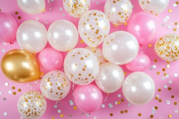 Poster - Festive pink, white, and gold balloons with confetti on pink backdrop for birthday celebration
