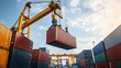 © Cozirlax - A crane carefully maneuvering an intermodal shipping container in a busy port, showcasing the intricate logistics of cargo handling and transportation