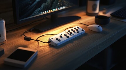 White Control Panel On A Wooden Desk With Computer