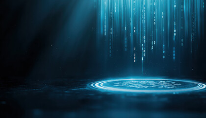 Poster - glowing holographic projection of binary digits in dark space