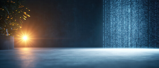 Poster - futuristic scene with glowing binary code and plant