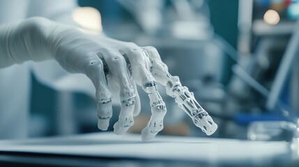 Poster - Transparent Robotic Hand with Articulated Fingers Demonstrating Advanced Technology in a Laboratory Setting Focused on Future Innovations and Medical Applications
