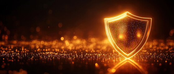 Poster - glowing shield icon with matrix style background, symbolizing protection