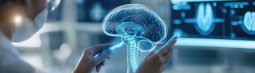 Poster - Futuristic Medical Technology Depicting Healthcare Innovation with a Scientist Administering an Injection into a Holographic Brain during a Research Study