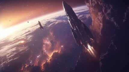 Wall Mural - futuristic spacecraft launch into space with vibrant nebula clouds and planets in the background.