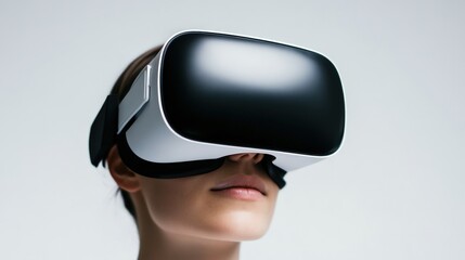 Poster - A woman experiencing virtual reality with a modern VR headset, showcasing advanced technology and immersive entertainment in a minimalistic setting.