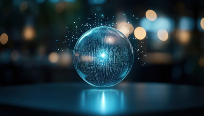 Poster - Binary code forming holographic sphere above desk, glowing softly
