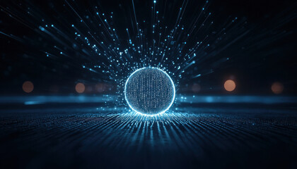Poster - Digital sphere with flowing binary digits creating holographic effect