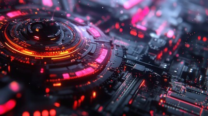 Poster - Futuristic tech; glowing red circuits. Ideal for sci-fi, tech, and gaming projects needing a high-tech feel.