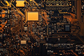 Poster - Close-up of a circuit board's intricate design, showcasing golden traces on a dark background. Illustrates technological advancement, perfect for tech or engineering projects.