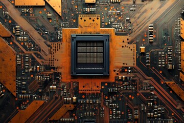 Poster - Close-up of a CPU socket on a motherboard, showcasing intricate circuitry. Illustrates technology, computing power, and hardware design.