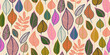 Vibrant stylized leaf pattern on soft beige background. Diverse shapes and sizes in pink, orange, green, and blue with fine outlines. Ideal for textiles, wallpapers, and packaging design.