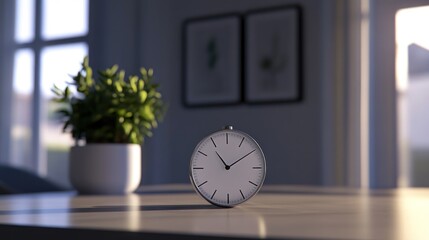 Modern Clock on Table near Window and Plant