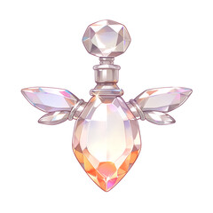 Poster - delicate, opal inspired iridescent perfume bottle with crystal like design, featuring intricate wing shaped accents and faceted stopper, isolated on transparency background