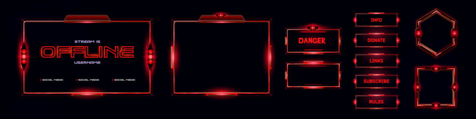 Leinwandbilder - Red hud ui game frame. Cyber and futuristic screen with hologram. Scifi danger alert. Spaceship panel display message for gamer in offline window. Neon techno sign board for esport dashboard