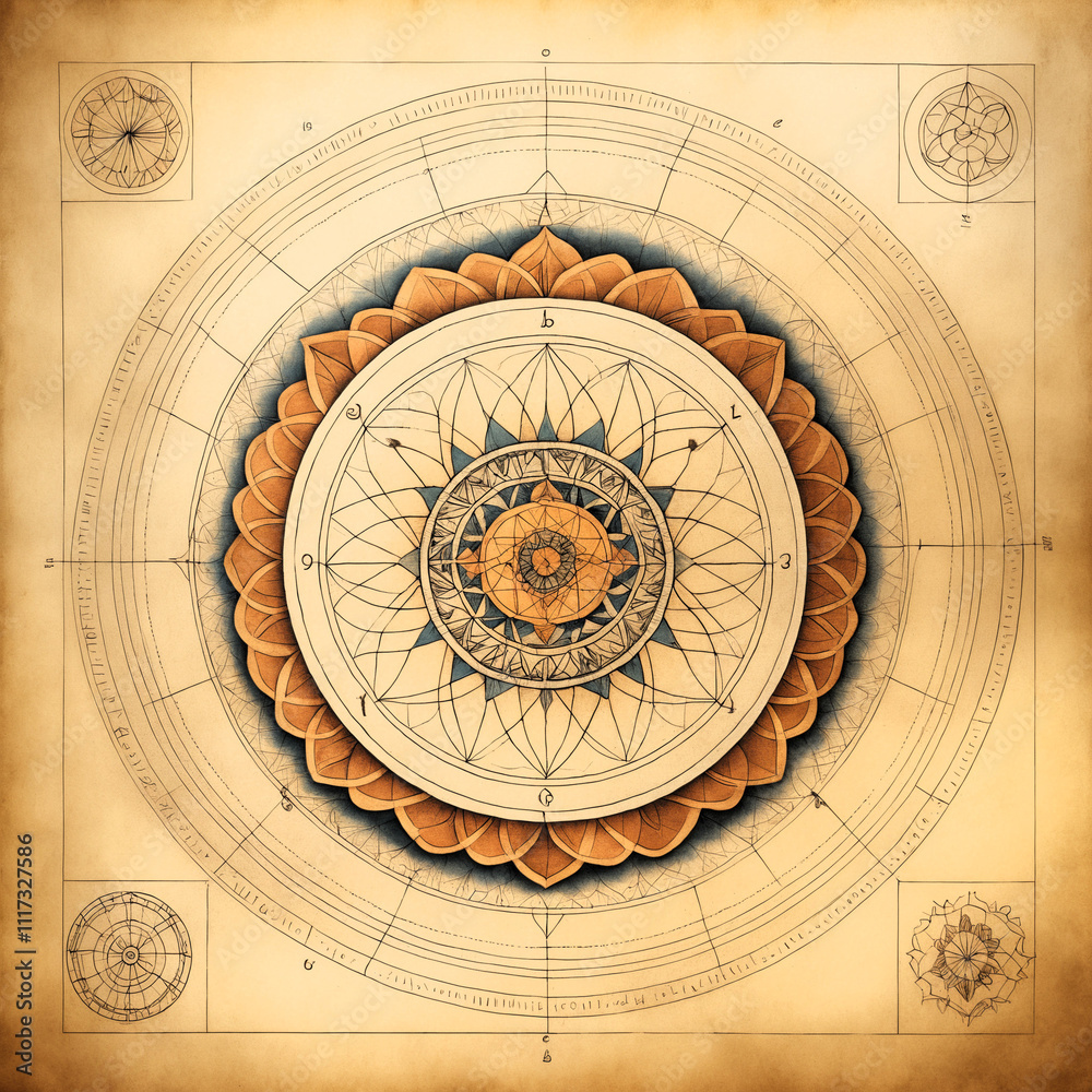 Ancient diagram of sacred geometry featuring Fibonacci spiral on aged ...