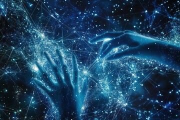 a cosmic scene depicting hands reaching out amidst a starry, interconnected universe.