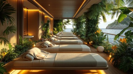 Poster - A tranquil spa area features several loungers positioned along a waterfront, surrounded by tropical plants and soft lighting, creating a peaceful atmosphere for relaxation.