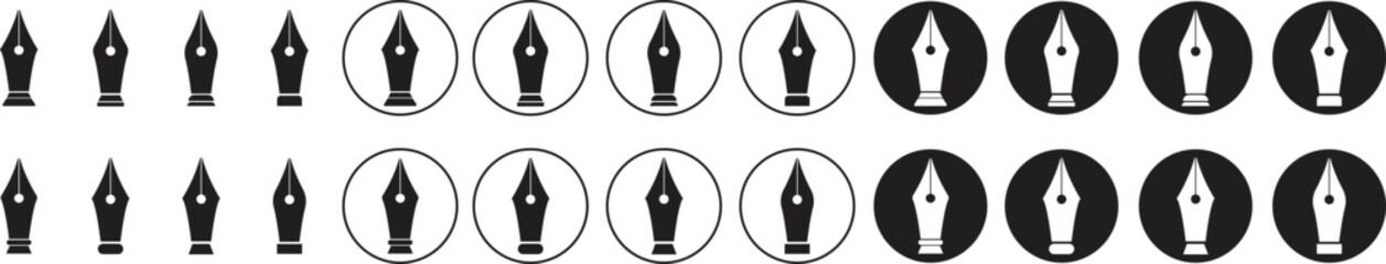 Poster - Fountain pen nib, tip flat writing icons set. Copywriting vectors illustration. business concept. Education stationery equipment and copy space. Writing object tool isolated on transparent background.