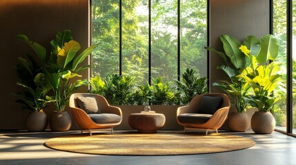 Poster - A serene interior features two stylish chairs and a round coffee table surrounded by vibrant plants, showcasing modern design in a sun-filled space.