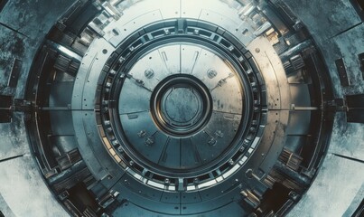 Poster - Futuristic Circular Metallic Structure Featuring Intricate Design Elements and High-Tech Components for Science Fiction and Technology Illustrations