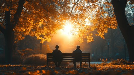 Aufkleber - Two friends enjoy a peaceful moment on a bench in a park as the sun sets, casting warm light through the colorful autumn leaves surrounding them.