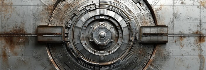 Poster - Intricate Industrial Vault Door with Metallic Texture and Rust Accents, Exemplifying Advanced Engineering and Futuristic Design in a Dimly Lit Environment