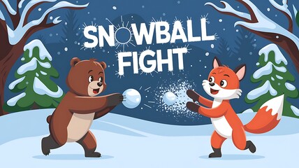 A Bear And Fox Engage In A Snowy Wintertime Snowball Fight