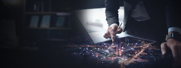 Poster - Internet network connection, digital marketing, global business concept. Businessman using digital tablet and laptop computer connection with business target, global network, online marketing plan