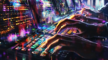 Poster - Cyberpunk Coders:  A vibrant digital artwork depicting multiple hands rapidly typing on glowing keyboards, immersed in a futuristic coding environment.