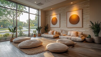 Fototapete - A serene wellness area featuring low seating cushions and earthy accents illuminated by soft morning light. Green plants add a touch of nature to the tranquil atmosphere.