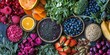 © Rasim - A variety of vibrant Microbiome Booster Salads arranged flat, showcasing detox foods abundant in essential micronutrients, vitamins, and minerals for health benefits.