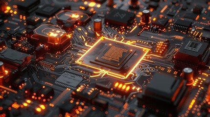 Poster - Futuristic circuit board with glowing orange highlights, Generative Ai.