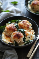 Poster - Delicious herb chicken meatballs with creamy spinach and ricotta sauce