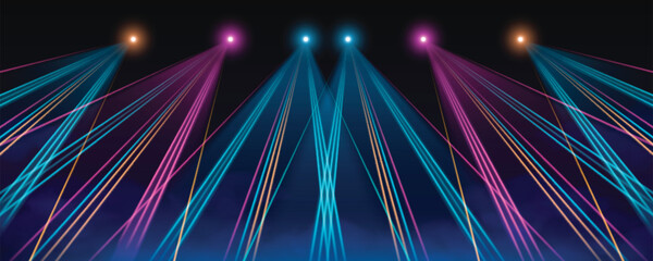 Wall Mural - Bright colorful crossing laser light beams on dark background. Stage or stadium spotlight shining effect. Realistic 3d vector neon lines in blue, pink and orange colors for concert or event design.