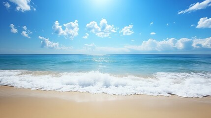 Aufkleber - Idyllic sandy beach with gentle waves under a bright blue sky and fluffy clouds perfect for travel and relaxation themes : Generative AI