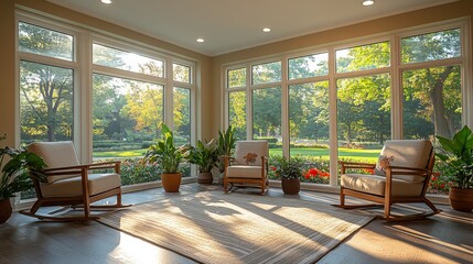 Poster - Sunlight pours into a cozy sunroom with two rocking chairs, surrounded by lush greenery and colorful flowers in the garden, creating a tranquil atmosphere.