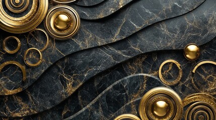 Poster - Modern Marble Art Mural Wallpaper in 3D with a Golden Circle. Generative Ai