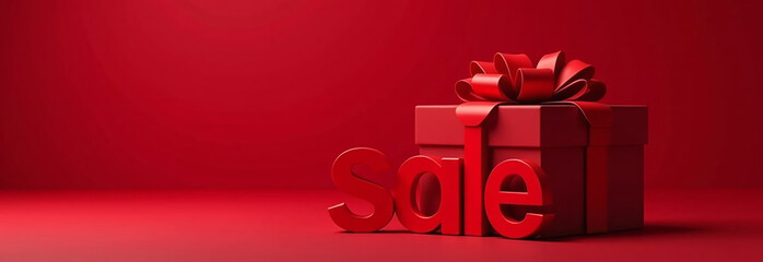 red background with a red gift box decorated with a gold bow, near the box there is an inscription sale. dark christmas background with place for text