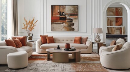 Modern living room interior design with neutral and rust colors for stylish home decor