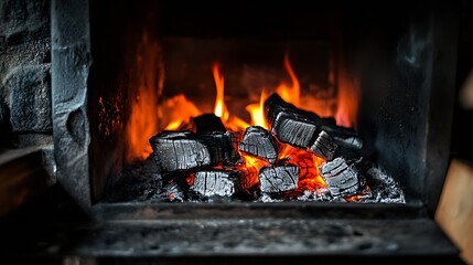 Poster - Cozy Warmth of Glowing Charcoal Fire in Rustic Fireplace Setting : Generative AI