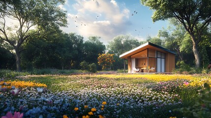 Wall Mural - Modern cabin nestled in a vibrant wildflower meadow, surrounded by lush trees and butterflies under a bright sky.