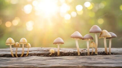 Poster - Sunlit Forest Scene with Young Mushrooms Growing on Wooden Stump : Generative AI
