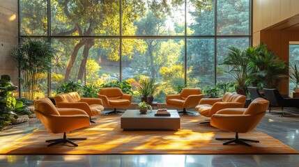Aufkleber - A bright lounge with stylish orange chairs invites relaxation, while large windows let in warm sunlight and showcase lush outdoor plants, creating a tranquil atmosphere.