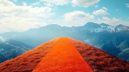 Sticker - Red path leading to majestic mountains under a vibrant sky.