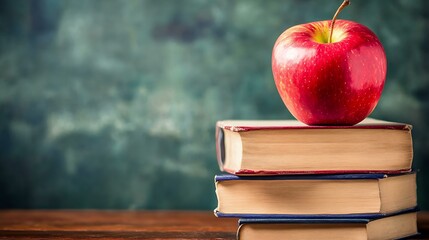Poster - Classic Education Concept with Red Apple on Stack of Books in Front of Chalkboard : Generative AI