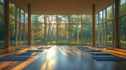 Aufkleber - The interior of a peaceful yoga studio features neatly arranged mats, illuminated by soft morning light streaming through large windows, with a backdrop of vibrant, leafy trees.