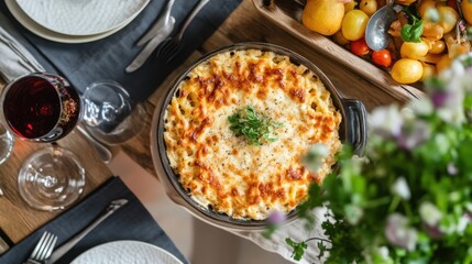 Poster - Greek pastitsio dish with fresh herbs and wine on elegant table setting