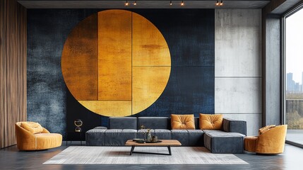 Poster - Modern abstract wall paper mural art in golden blue. Generative Ai