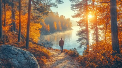 Poster - A solitary figure strolls beside a peaceful lake, embraced by vibrant autumn colors, as the sun rises, casting a warm light through the trees.